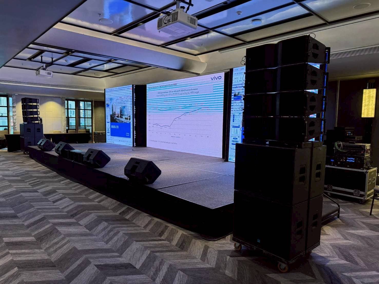 ลำโพงมอนิเตอร์เรียงหน้าเวทีงานสัมมนา โรงแรมมาริออท กรุงเทพ